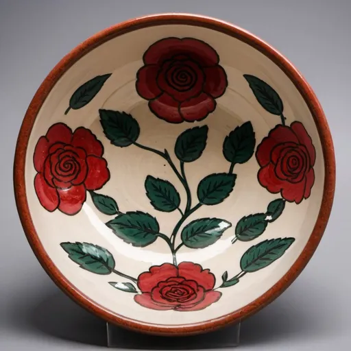 Prompt: Pottery dish with Indian roses inside