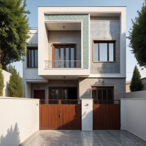 Prompt: A house with an area of ​​250 square meters and a plot of land around it with an area of ​​500 square metres. The entrance to the house has a canopy covered with tiles, and at the end of the fence there is a car garage. The windows of the house follow the Islamic heritage.