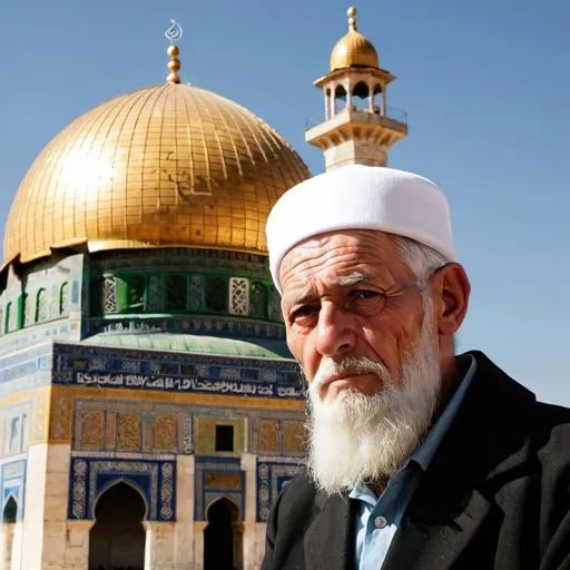 Prompt: An old man with a white beard and wearing a white Muslim hat. Behind him, the Dome of the Rock Mosque is visible
