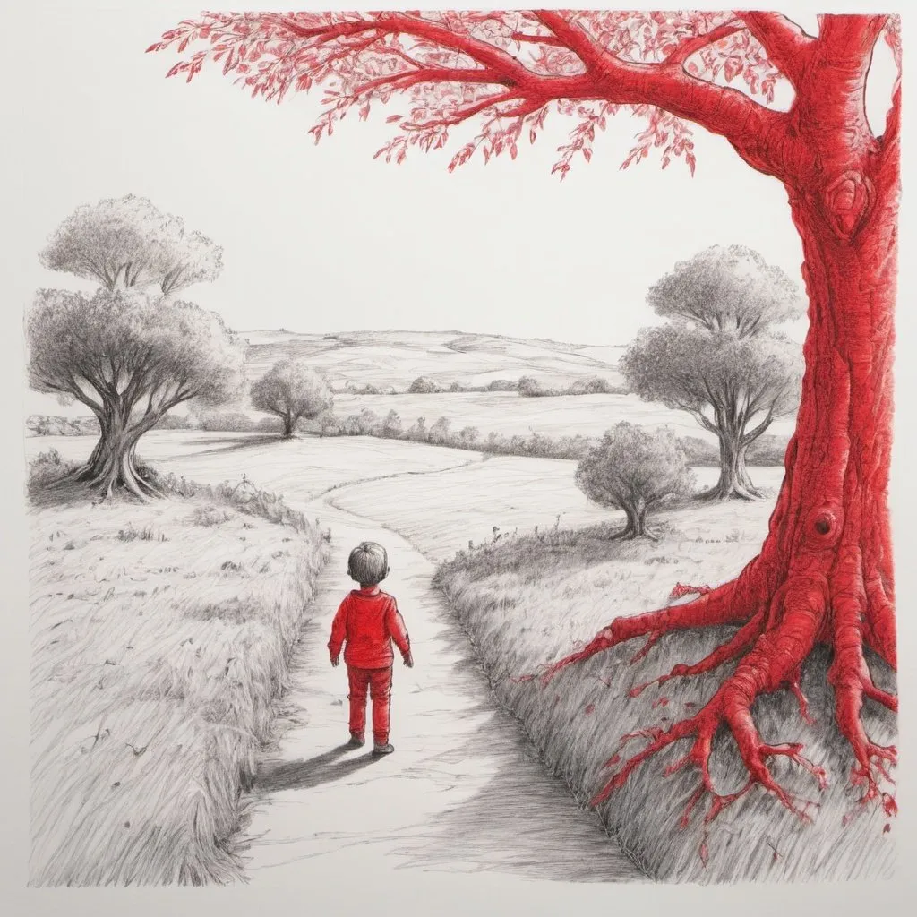 Prompt: A scene of a child drawn with a red ink pen