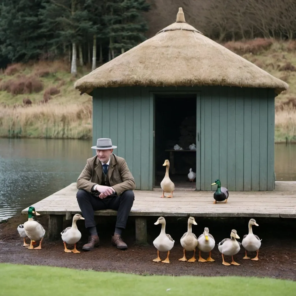 Prompt: A Scottish man wearing a hat sits in front of a hut next to a lake in which ducks and geese swim