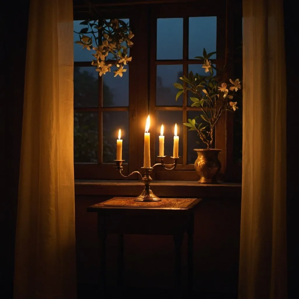 Prompt: A table with a candlestick on it, with a burning candle in it, in a dimly lit room, and there is a window from which a jasmine tree looks out.