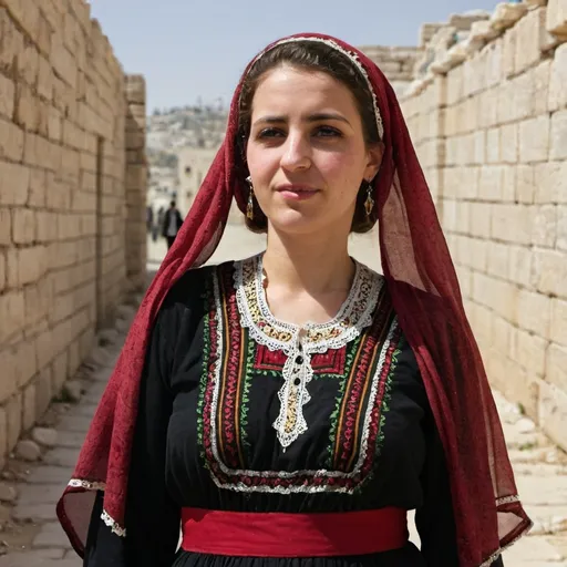 Prompt: A woman wearing an old Palestinian dress