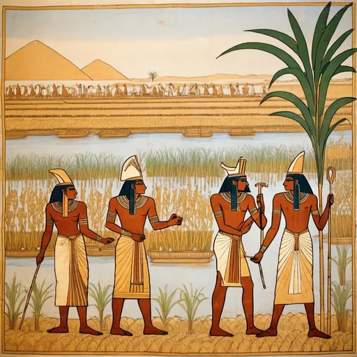 Prompt: Pharaonic drawings of a group of ancient Egyptians working in rice cultivation next to the Nile River