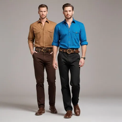 Prompt: A man wears a blue shirt with two pockets closed with a ring. The man wears a brown belt. The man wears black pants with pockets. The shoes are brown with gold pieces.