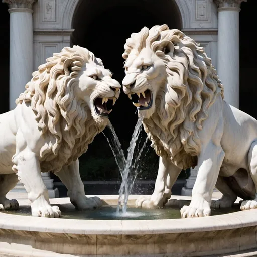 Prompt: Two marble statues of two lions Facing each other to the right of the monument and to the left of the monument with water coming out of their ***mouths*** in the form of a fountain Exuberant and impulsive