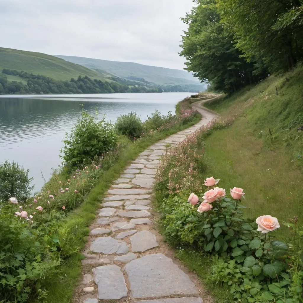 Prompt: A small stone road winds to the right, with rose herbs next to it and a lake nearby