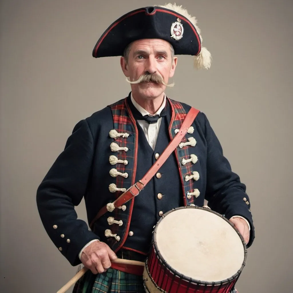 Prompt: A man with a long mustache, wearing an old Scottish costume, and carrying a drum
