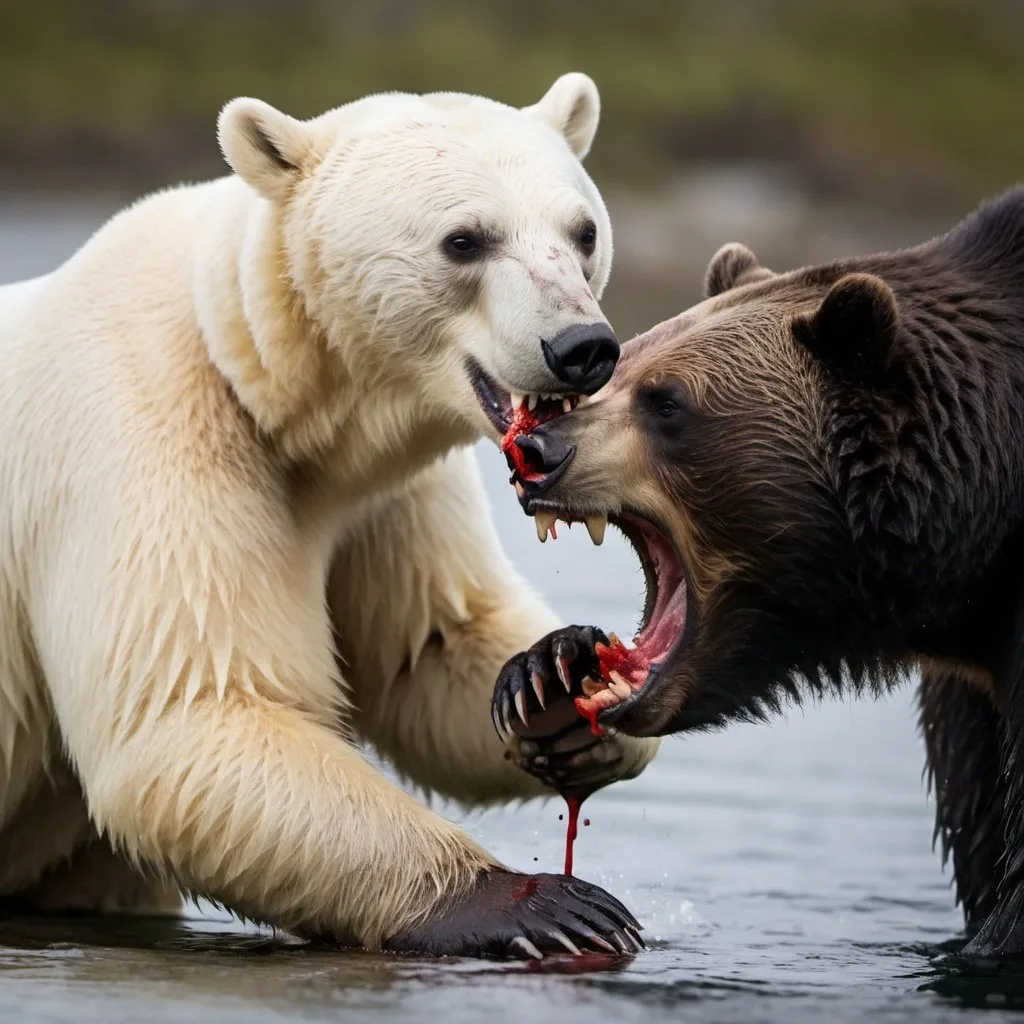 Prompt: A black bear attacks a white polar bear. The polar bear bleeds blood from its mouth and spreads on its neck.