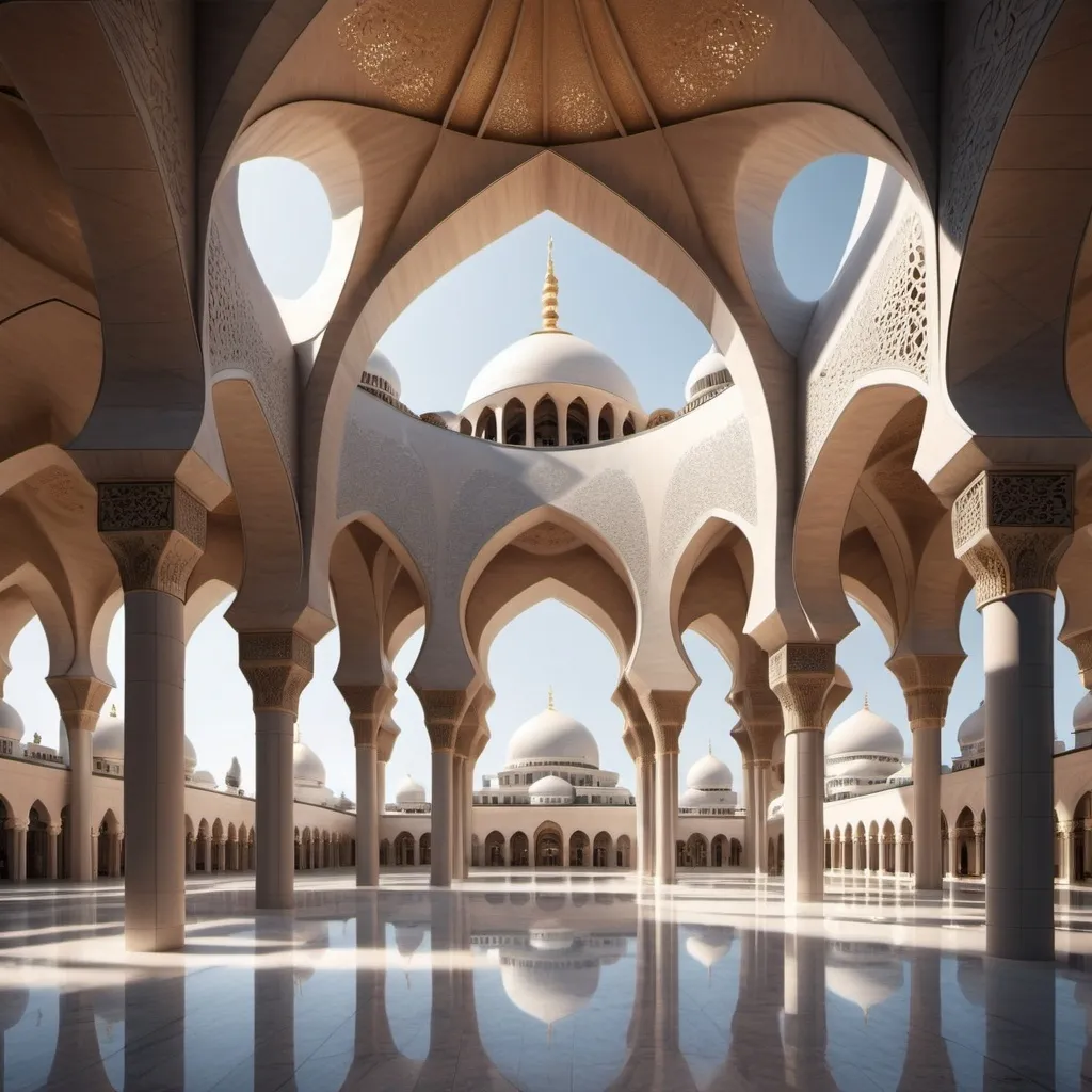 Prompt: A dynamic architectural mosque from the future bearing the character of Islamic architecture with modernity