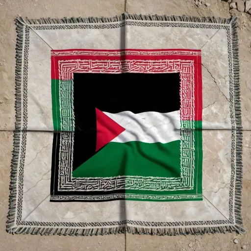 Prompt: A marble square with Palestine written on it surrounded by a Palestinian keffiyeh, and the keffiyeh is surrounded by the Palestinian flag