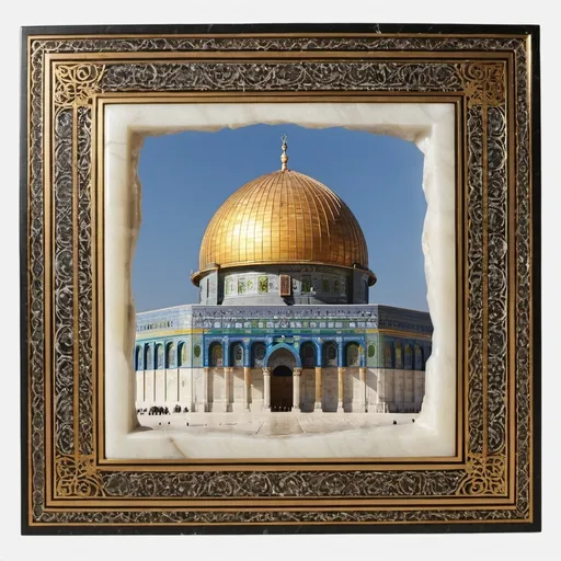 Prompt: A large square of white marble, with a small inner picture printed on it: The Dome of the Rock، The ring has an alabaster frame.