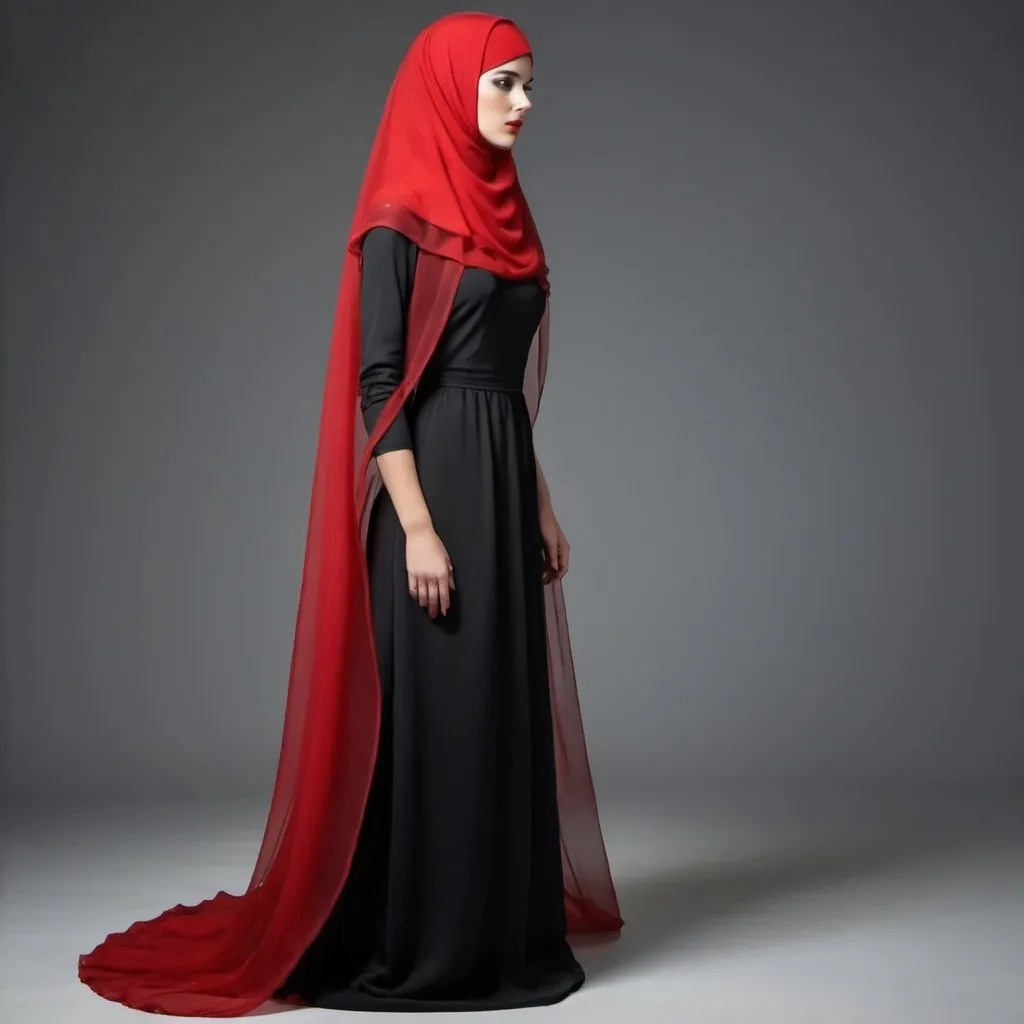 Prompt: A beautiful woman wearing a veil on her head, tall, two meters tall and weighing 70 kilograms The color of the shoes is black and the color of the dress is red