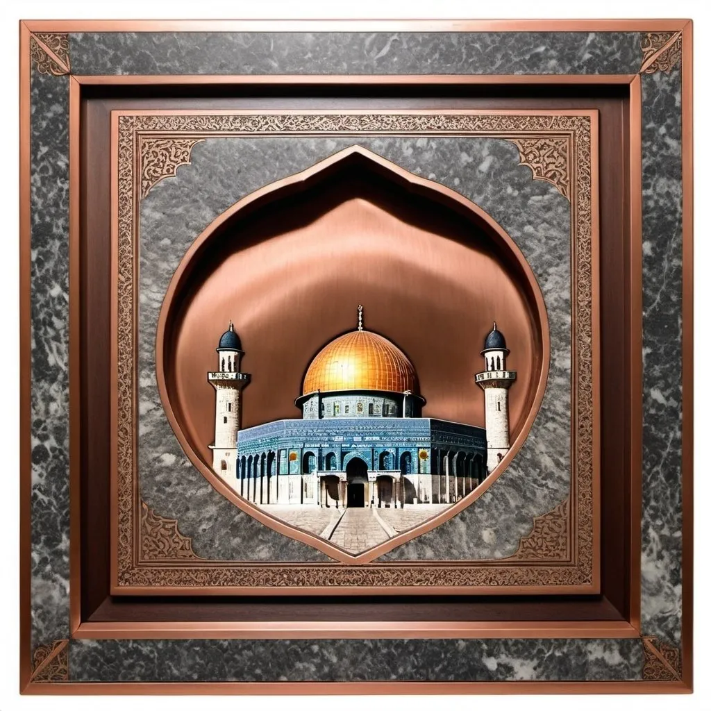 Prompt: An engraved copper plate with the Dome of the Rock Mosque inside it. The frame of the plate is made of granite