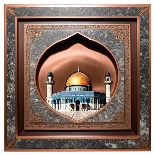 Prompt: An engraved copper plate with the Dome of the Rock Mosque inside it. The frame of the plate is made of granite