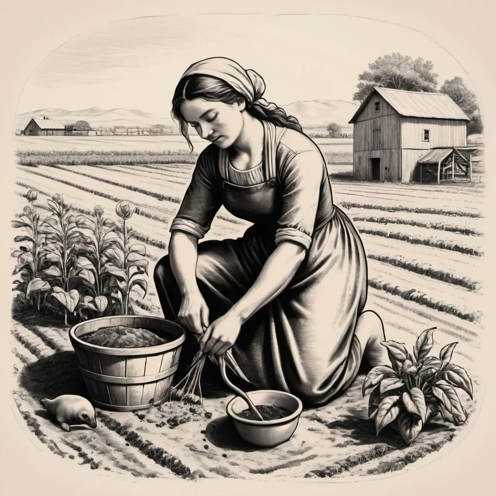 Prompt: Seal drawing of a woman farming