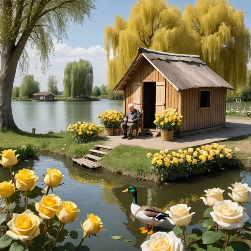 Prompt: A small wooden hut in front of it is a small lake in which ducks and geese swim. Behind the hut is a poplar tree, and next to the lake are yellow and white roses. Next to the hut is an old man sitting on a wooden chair and in front of him is a small table with a plate of fruit on it.