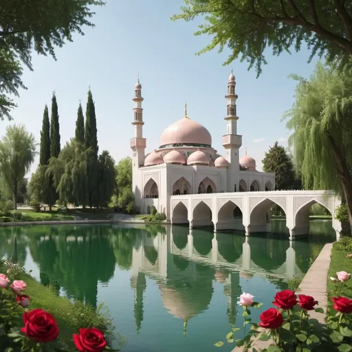 Prompt: An Islamic mosque in front of it is a lake. There is a bridge over the lake that connects to the mosque. There are trees in the area, green herbs and roses in front of the mosque.