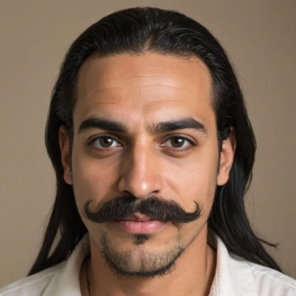 Prompt: A man with Arab features, with wide black eyes, a mouth with wide lips, long black hair, a huge mustache, a long beard, a pointed nose, medium ears, and white teeth.