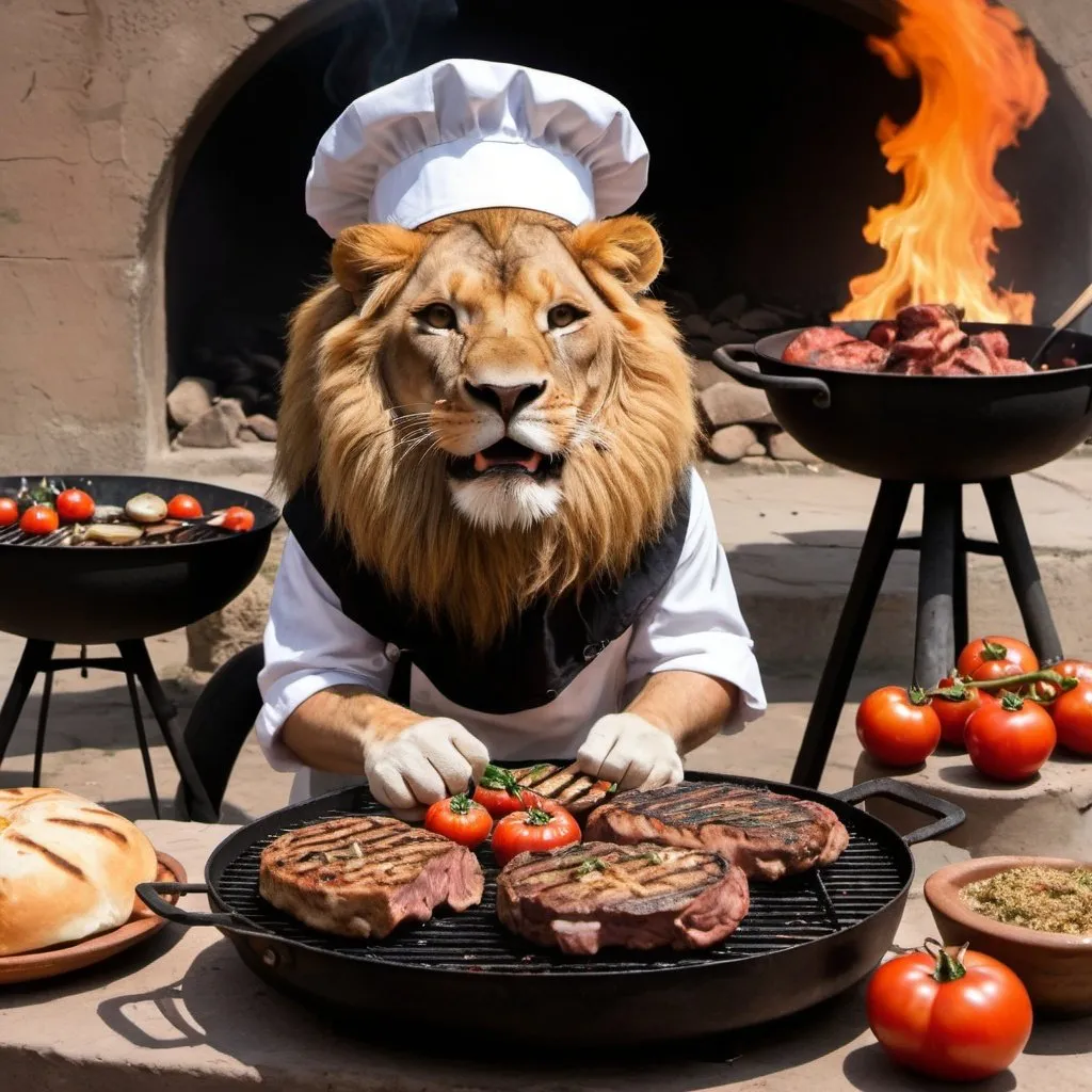 Prompt: A lion , is grilling meat over burning charcoal, wearing a chef's hat, and in front of him is a table with tomatoes, grilled onions, chopped parsley, and Arabic bread.