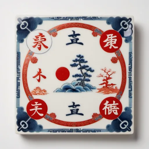 Prompt: A white square with Chinese motifs around it and Japanese motifs on top