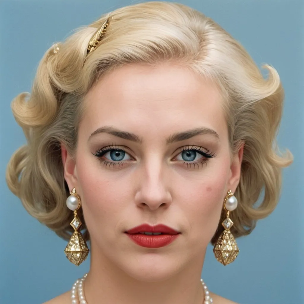 Prompt: The head of a woman, her hair is blond, combed from left to right, she wears silver earrings studded with gold, her eyes are wide, blue, she wears black eyeliner on her eyelashes, her nose is small, her lips are thick with lipstick, and she wears a pearl necklace with triangular diamonds on it.