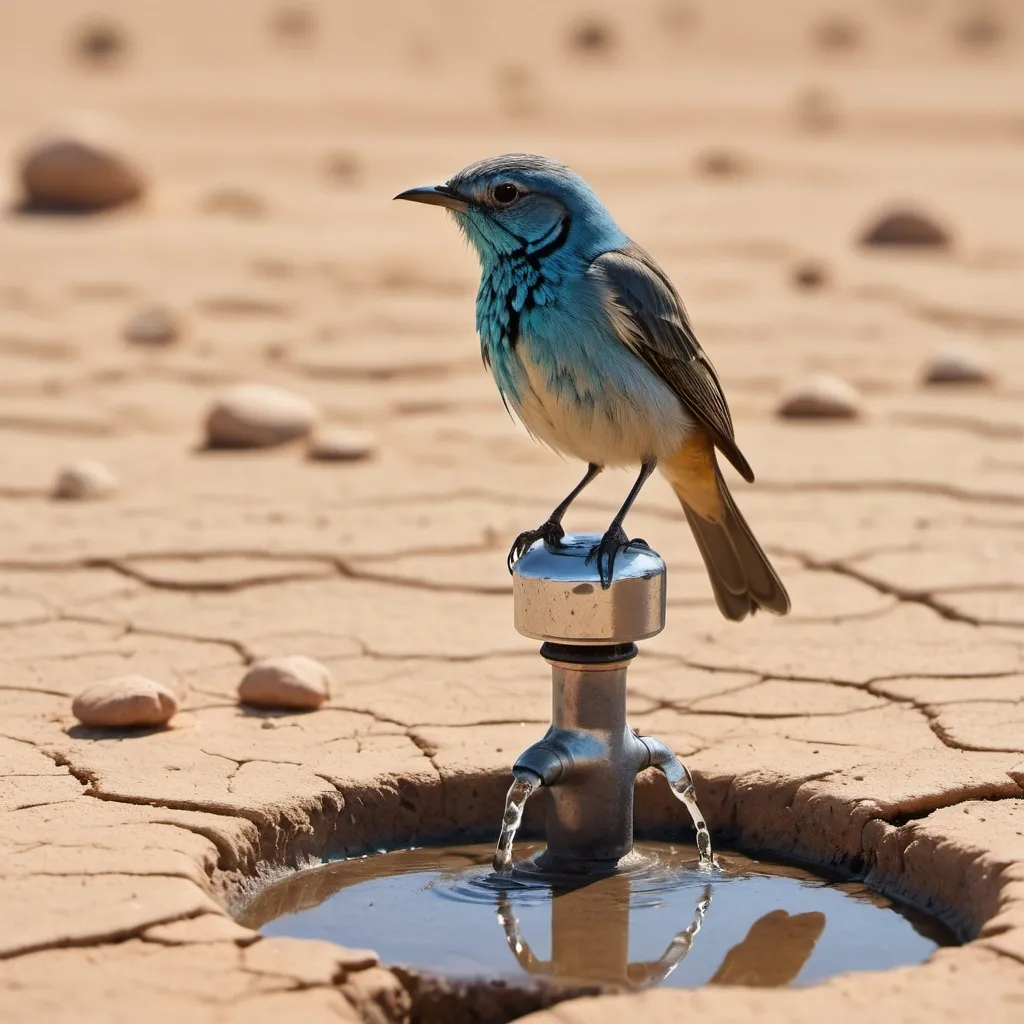 Prompt: Create an image of a small bird   Stands on the ground ***delicately sipping water from droplets that slowly fall from a slightly open tap above it in a parched desert landscape. The setting is harsh, with a blazing sun overhead casting long shadows on the cracked, dry earth. The contrast between the bird's fragile existence and the unforgiving environment is emphasized, with the bird perched on the tap, showing the importance of each precious drop in the vast, arid surroundings. The sky is a vivid, cloudless blue, intensifying the heat and dryness of the scene.