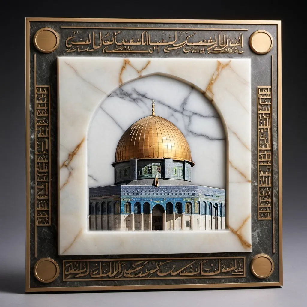 Prompt: A plaque made of marble engraved with the Dome of the Rock Mosque. The frame of the plaque is made of bronze