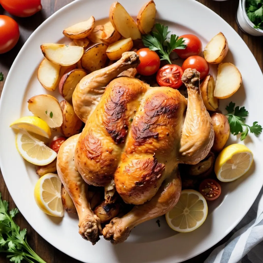 Prompt: A roasted, fried chicken placed in a white dish. Around the chicken are pieces of fried potatoes, lemon slices, tomatoes, and parsley.