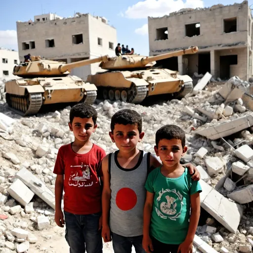 Prompt: Palestinian Children under the rubble of demolished houses, with a tank next to them