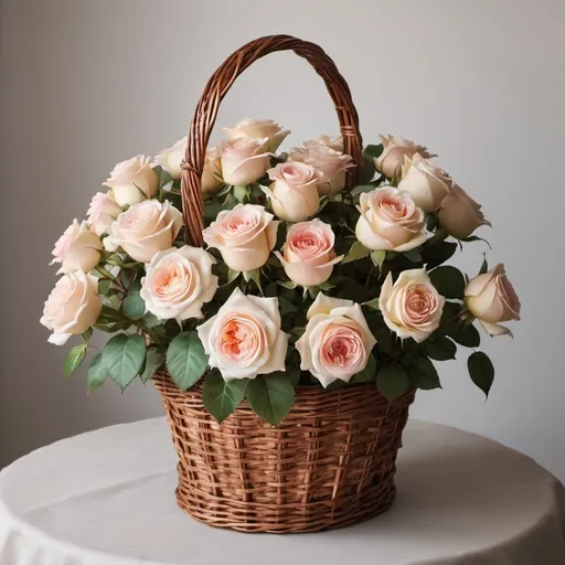 Prompt: A flower basket made of wicker contains damask roses, Indian roses, French roses, and a white card appears among the roses