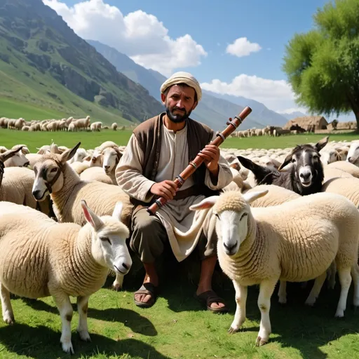 Prompt: A shepherd has a group of sheep around him and a donkey with a saddle with food on it and there is a dog to guard the sheep. The sheep eat green grass. The shepherd plays a wooden flute.