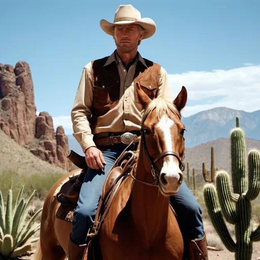 Prompt: Clinton Eastwood He rides a horse, wears cowboy clothes, and fires bullets from a Smith pistol. Behind him are mountains and an American cactus near him