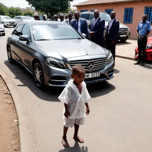 Prompt: A poor child wearing rags wipes a 2023 Mercedes car