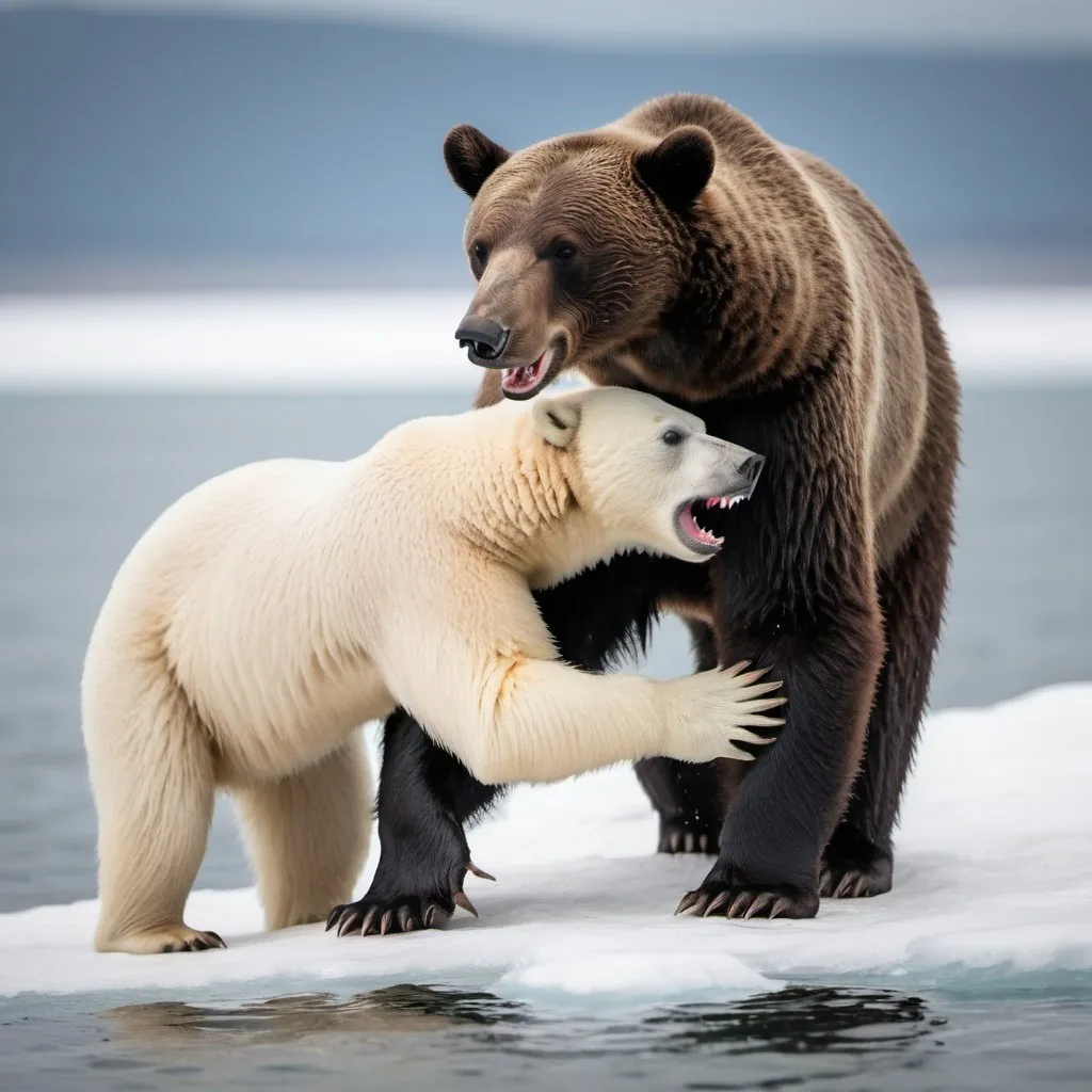 Prompt: A tall black bear attacks a white polar bear. The polar bear bleeds blood from its mouth and spreads on its neck. Near the sea 