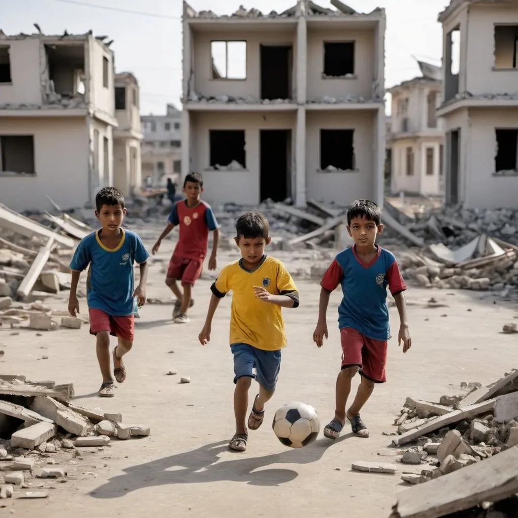 Prompt: Children playing football among the destroyed houses