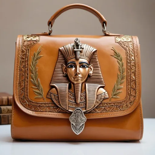 Prompt: A women's leather bag embroidered with light brown thread, with silver decoration, and a bronze lock with a pharaonic image on it. The color of the bag is honey.