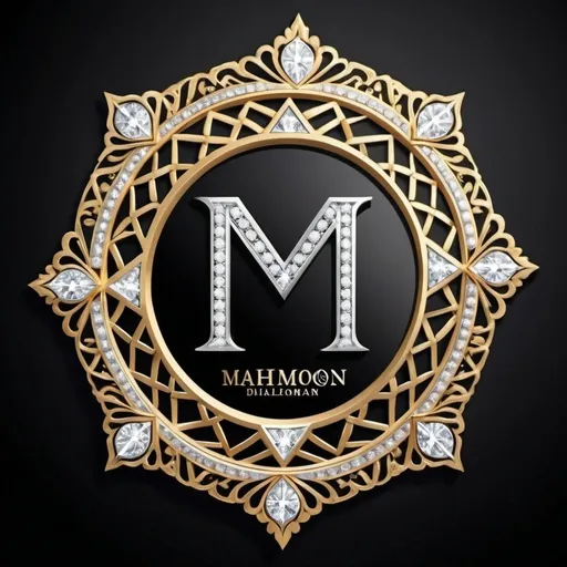 Prompt: Create a luxurious and elegant logo design featuring the name "Mahmood Hassan" in dazzling diamonds. The frame of the logo should be crafted from aluminum and intricately studded with pieces of silver adorned with zirconium. The overall design should exude opulence and sophistication, with the golden elements highlighting the brilliance of the diamonds and the zirconium-studded silver adding a touch of refinement.