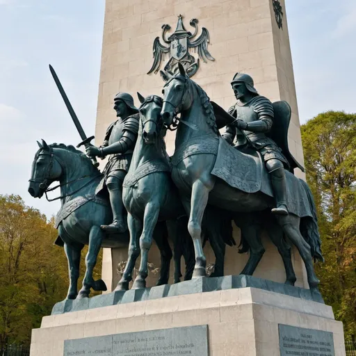 Prompt: A monument featuring horses and knights carrying swords and shields