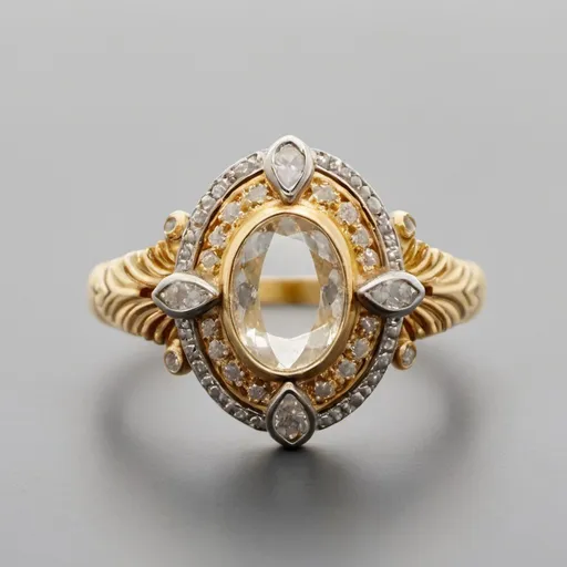 Prompt: An oval-shaped ring with gold decorations and small diamonds around the oval shape