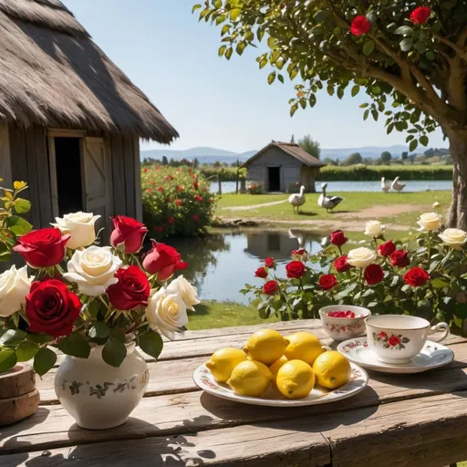 Prompt: A plate containing white and red roses, and the sun is shining, the plate is on top of an old wooden table, in the back there is a beautiful hut surrounded by lemon trees, and in front of the hut there is a lake in which geese and ducks swim.