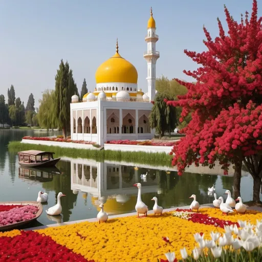Prompt: A mosque for Muslims, surrounded by red, yellow and white flowers. In front of it is a lake with ducks and geese swimming and a small boat full of red and yellow flowers.