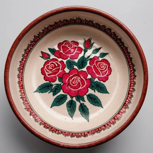 Prompt: Pottery dish with Indian roses on it