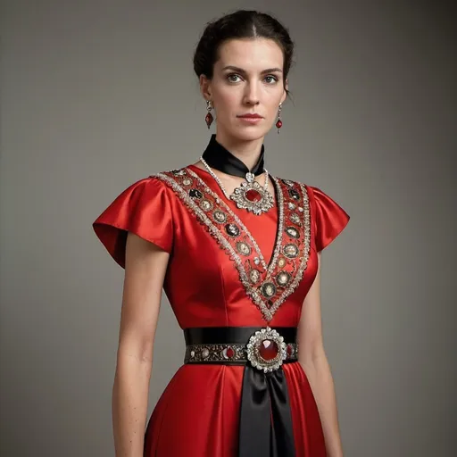 Prompt: A tall woman wearing a long red dress and a black belt. The collar of the dress is decorated, the chest of the dress is inlaid with diamonds, and the ends of the dress have Spanish decorations.