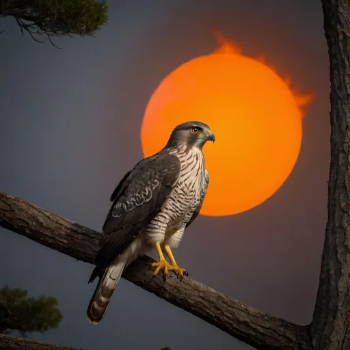 Prompt: A goshawk bird stands on a tree branch with a circle of fiery glow around it