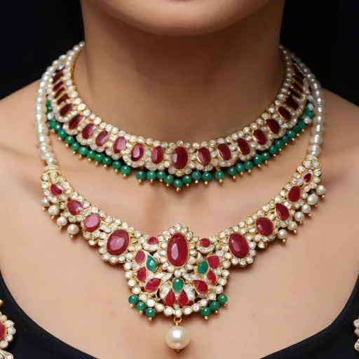Prompt: Chinese necklace studded with precious stones and pearls