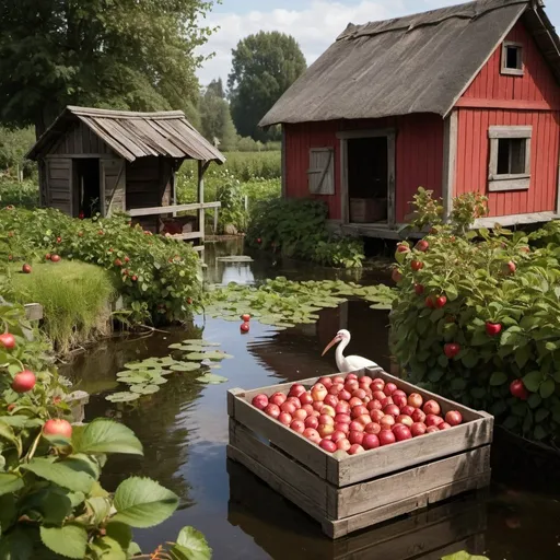 Prompt: A wooden box filled with red apples, surrounded by strawberry plants, and behind it is an old wooden hut and a pond in which storks swim.