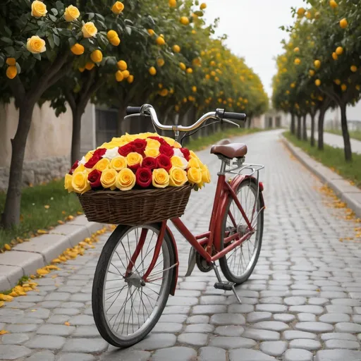 Prompt: A bicycle whose basket is filled with yellow, red and white roses. The bicycle is traveling on a street paved with smooth stones. The bicycle is traveling between orange trees.