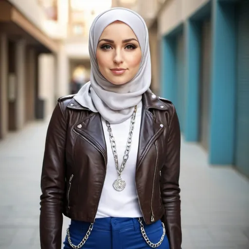 Prompt: A very beautiful white woman wearing a hijab, a black leather jacket, a brown leather skirt, and blue pants. The jacket has silver accessories on it, the hijab has a silver chain on it.