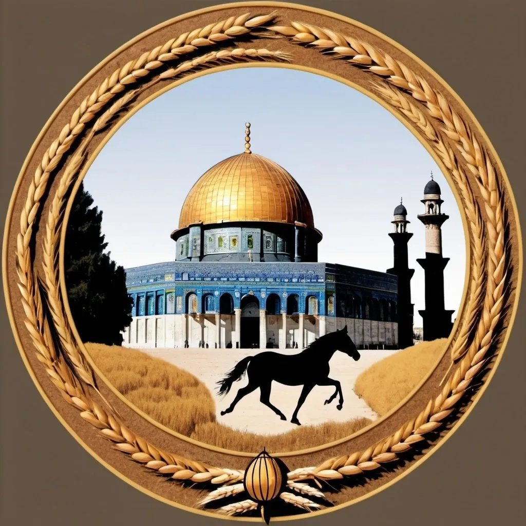 Prompt: The logo is a heptagonal shape that contains a picture of the Dome of the Rock Mosque, and to the right of the mosque is a horse jumping, and to the left of the mosque is the same shape as the horse, and there is a basket of wheat on the right and a basket of wheat on the left.